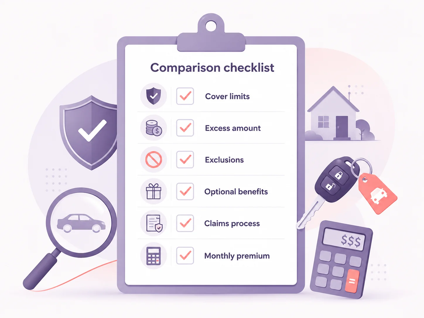 Six pre-purchase checks for King Price car insurance — insured value, excess, exclusions, security, claims service and premium rules